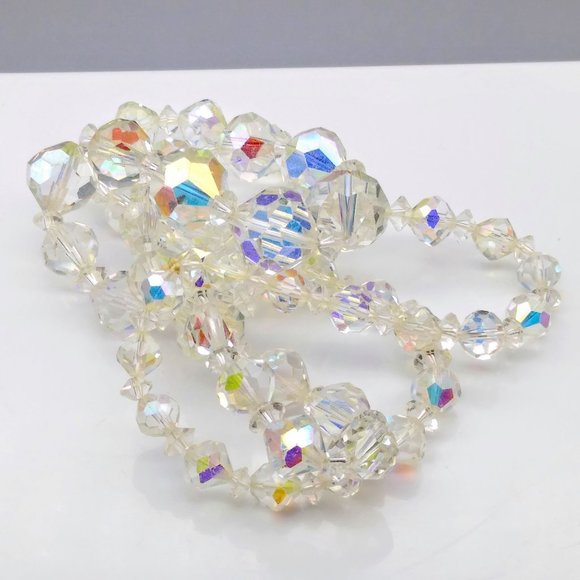 AB Crystal Graduated Necklace, Aurora Borealis Vintage Clear Faceted Beads - Picture 2 of 4